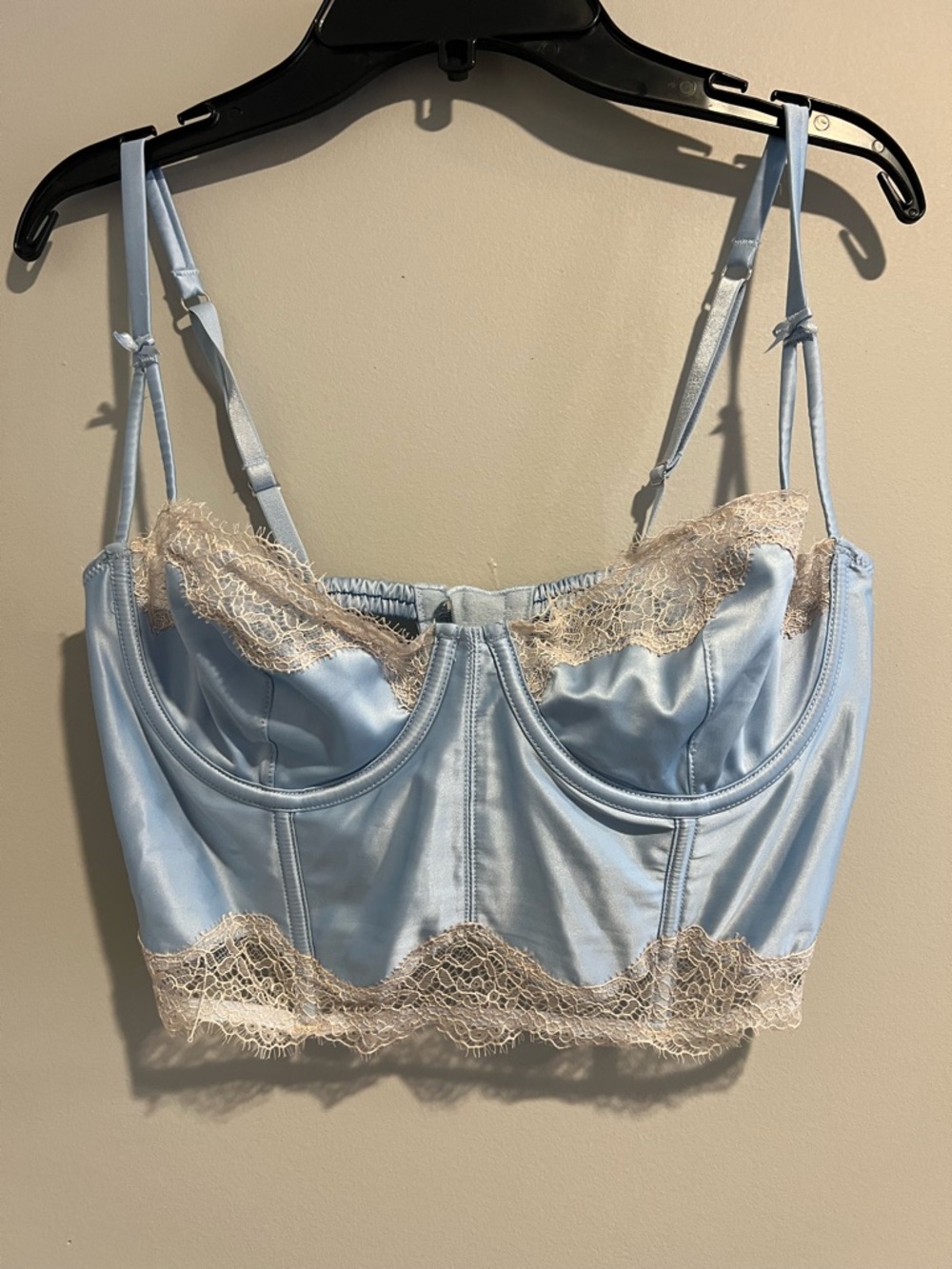 Victoria's Secret Light Blue Satin Longline Bralette with Cream Lace